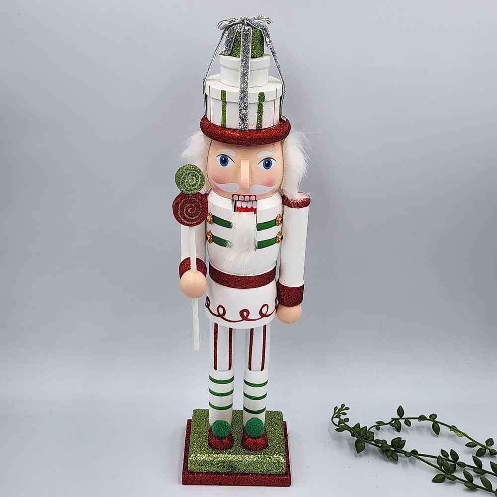 Candy King Guard Nutcracker Wood Red Green Glitter Present Hat Christmas 14.5"